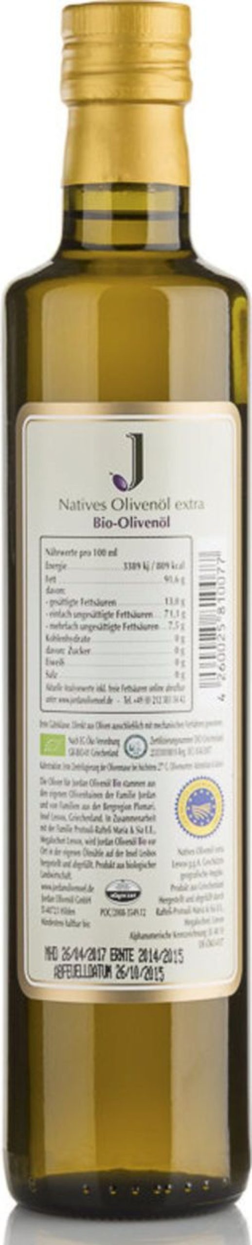 Jordan Olivenöl Olio D'Oliva | Olio D'Oliva Biologico Extra Vergine, 500 Ml