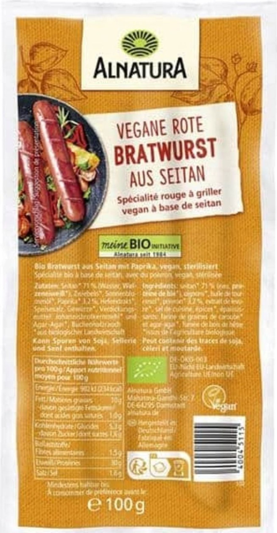 Alnatura Sostituti Della Carne | Bratwurst Vegano Rosso Di Seitan Bio, 100 G